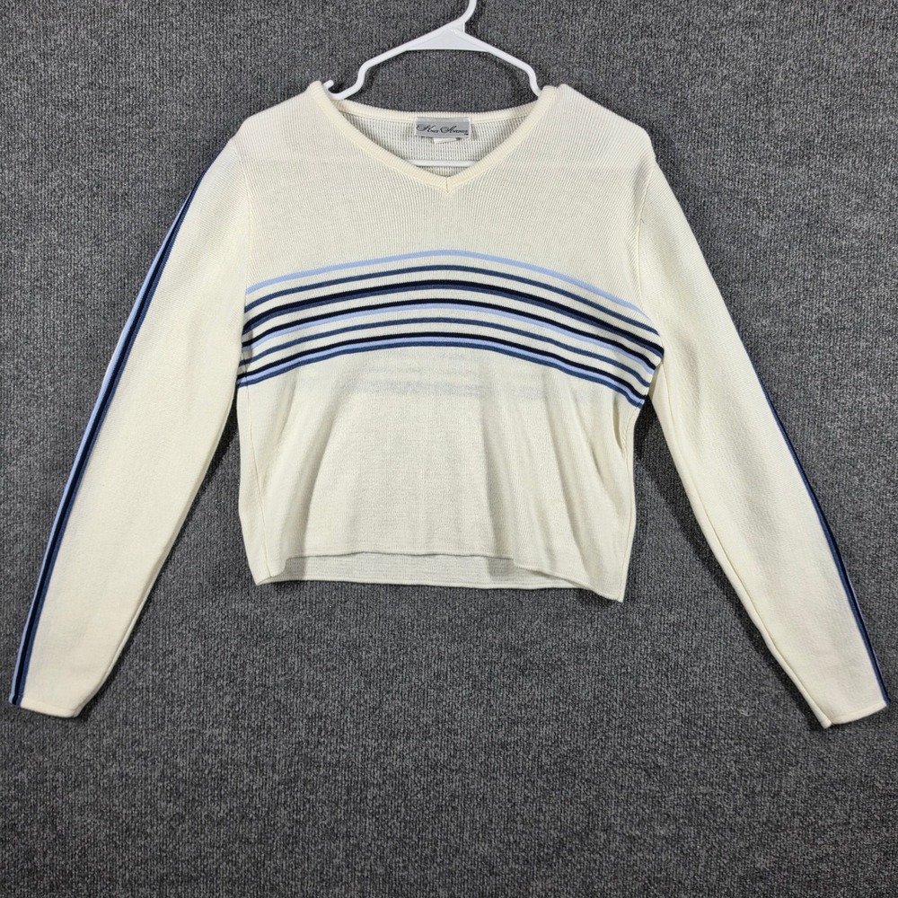 VTG 90s Cropped Sweater Womens Large Knit Avenue Striped V Neck Made in USA Y2K